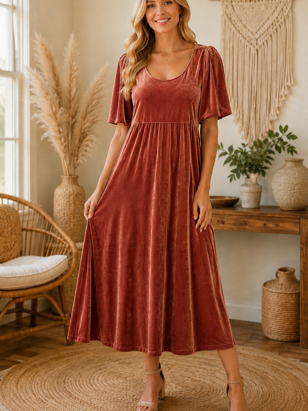 Polagram Rust Velvet Empire-Waist Maxi Dress